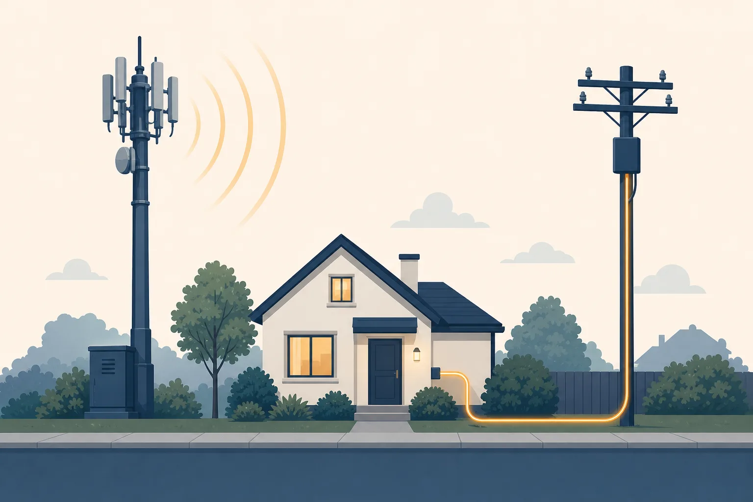 A 5G mast and a fibre telegraph pole either side of a house receiving both a signal arc and a fibre line.