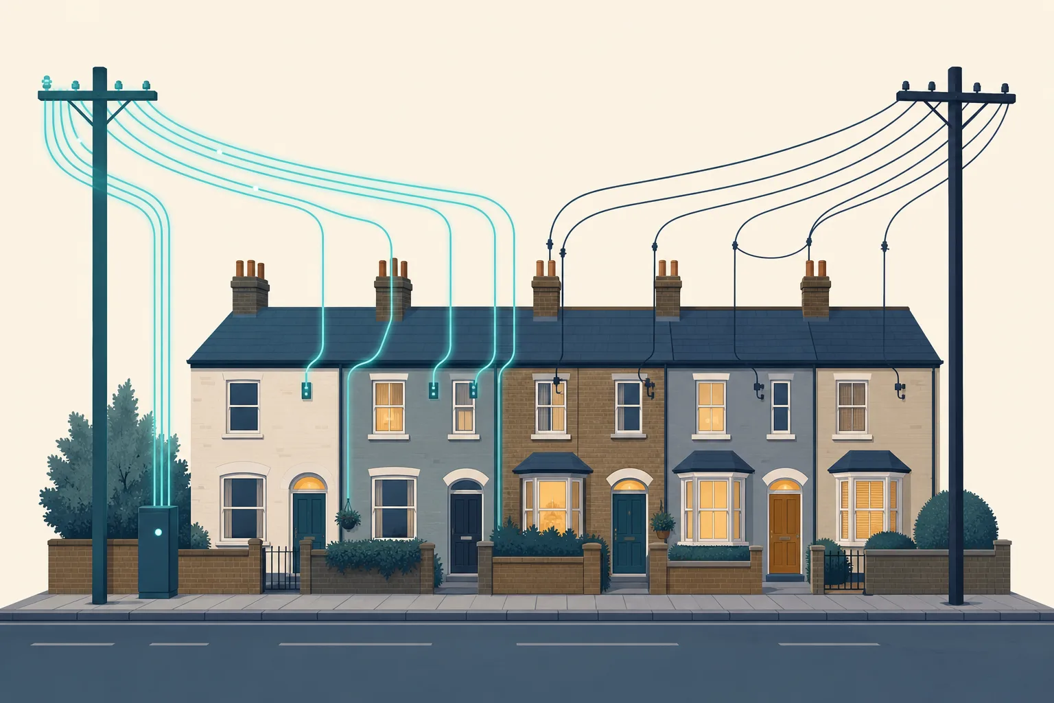 Two telegraph poles on opposite sides of a street, each carrying different fibre lines to the houses between.
