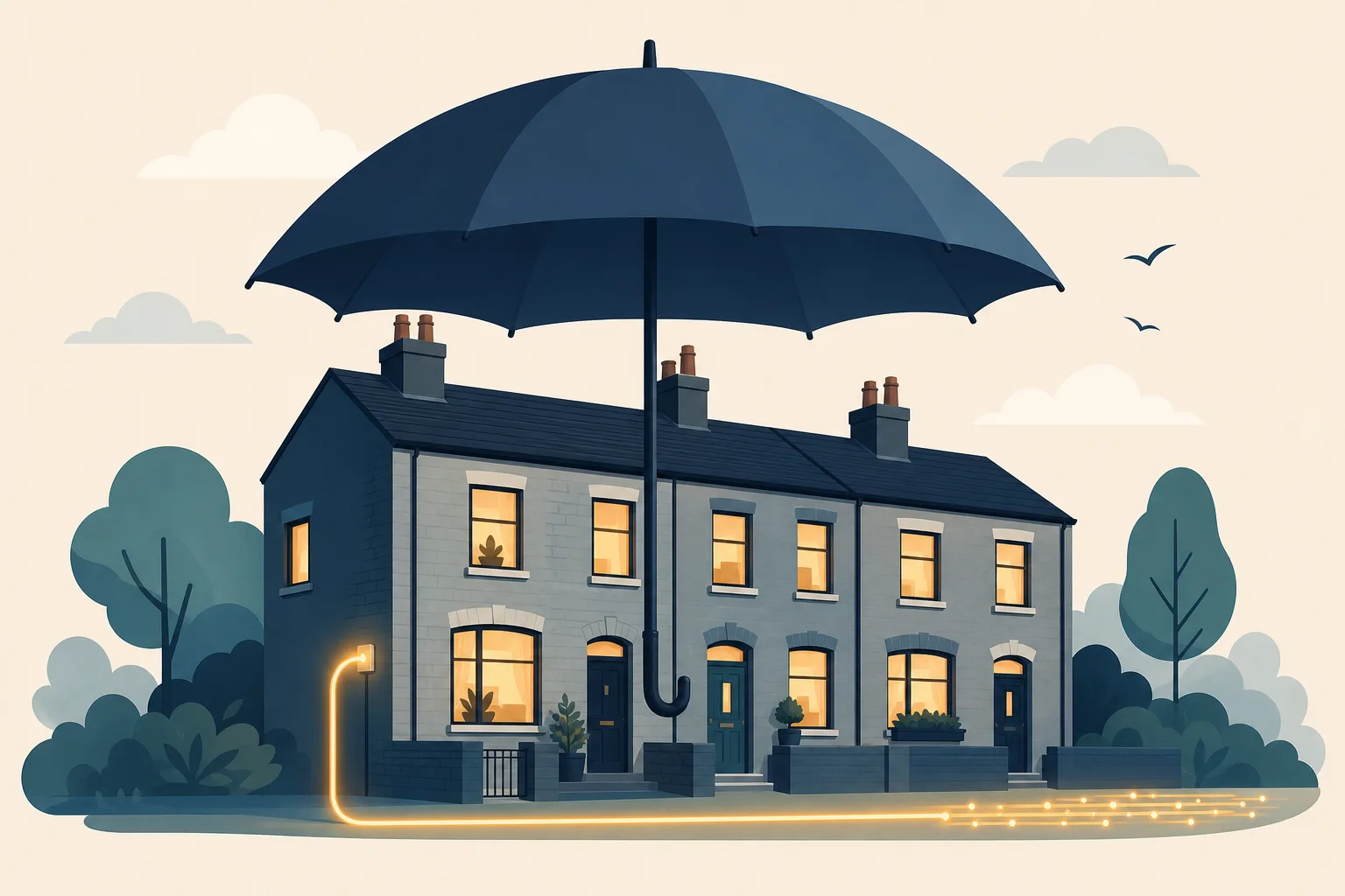 A terraced house connected by a fibre line, sheltered under a large open umbrella.