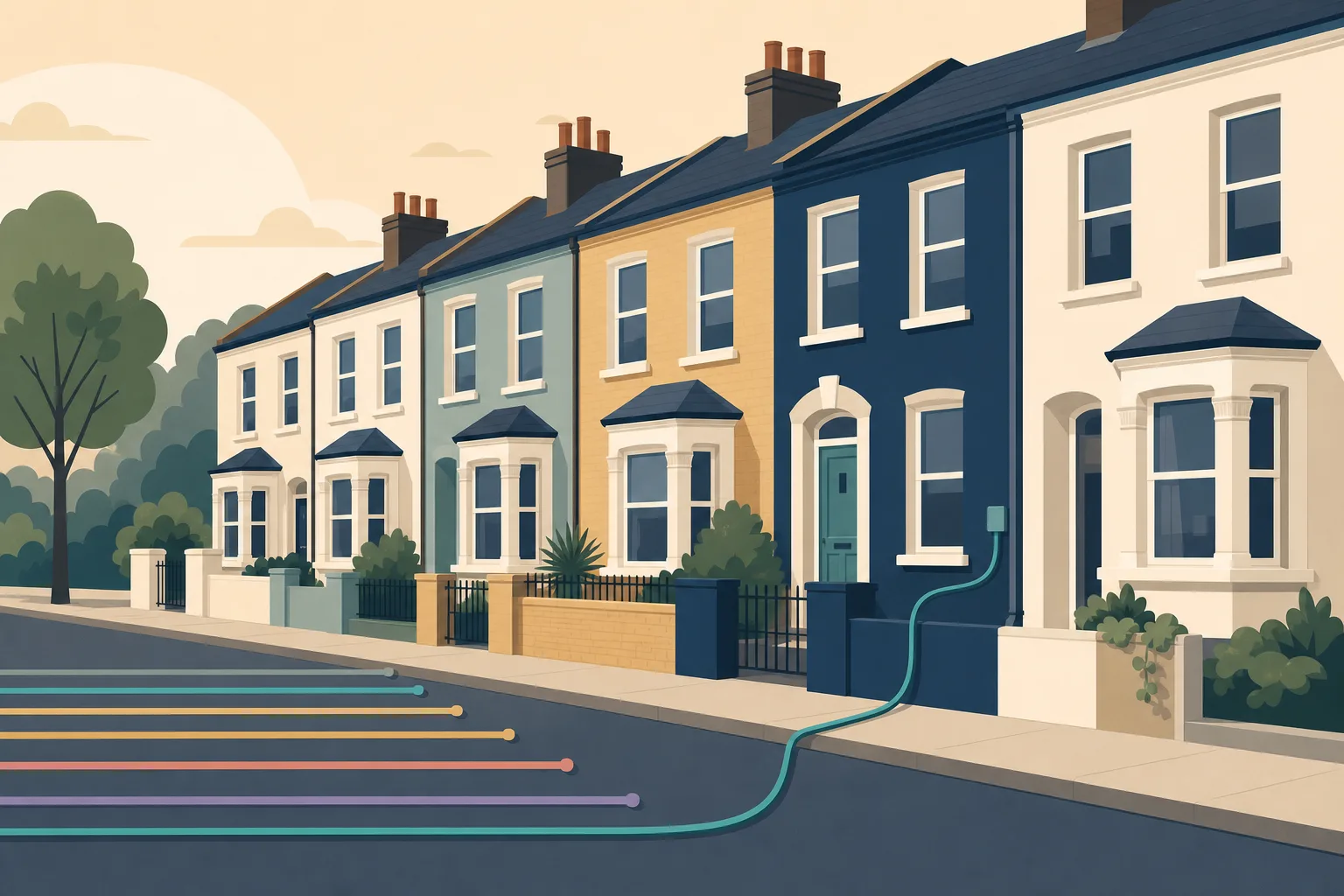 Several coloured fibre lines reaching a street of terraced houses, with only one of them connecting to a home.