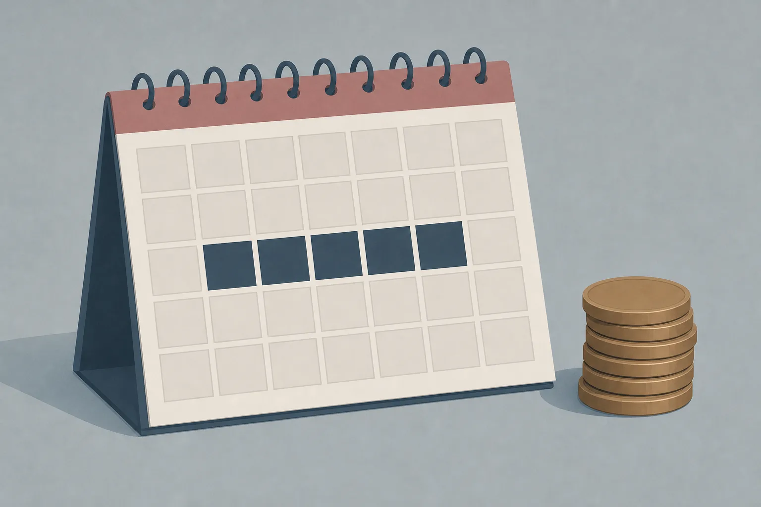 A blank calendar grid with a run of consecutive days filled in, beside a small stack of plain coins.