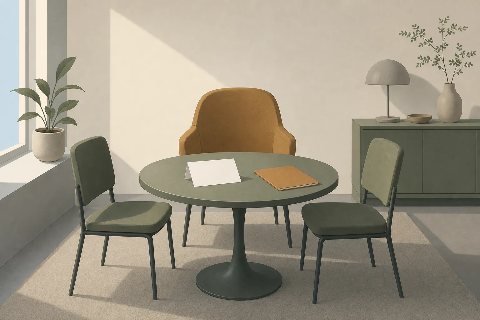 A small round table with two plain chairs facing each other and a third empty chair at the head, a blank folded sheet and a closed folder on the table.