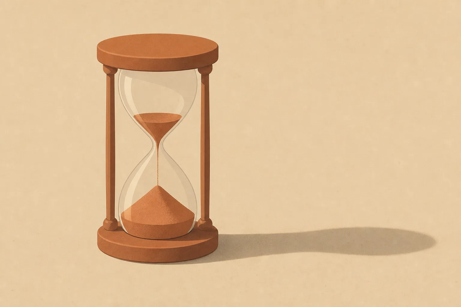 A small hourglass standing on a bare surface with most of its sand already fallen into the lower chamber and a thin stream still running.