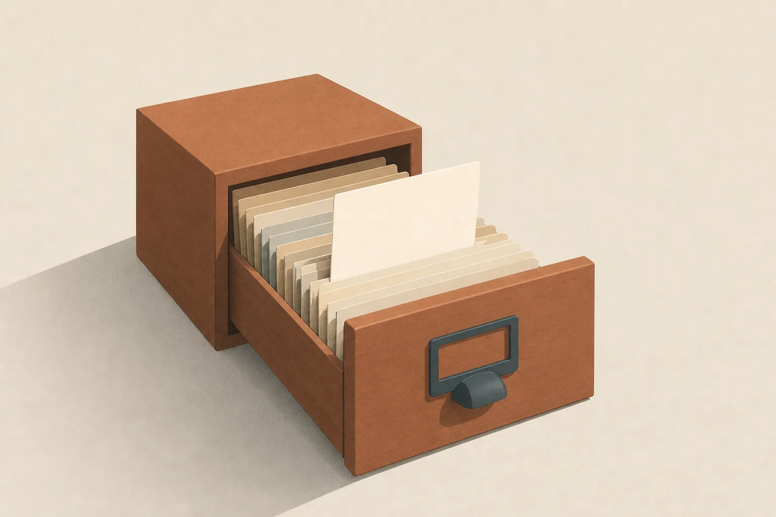 A wooden card-index drawer pulled half open and packed with plain blank filing cards, one card standing slightly proud of the rest.