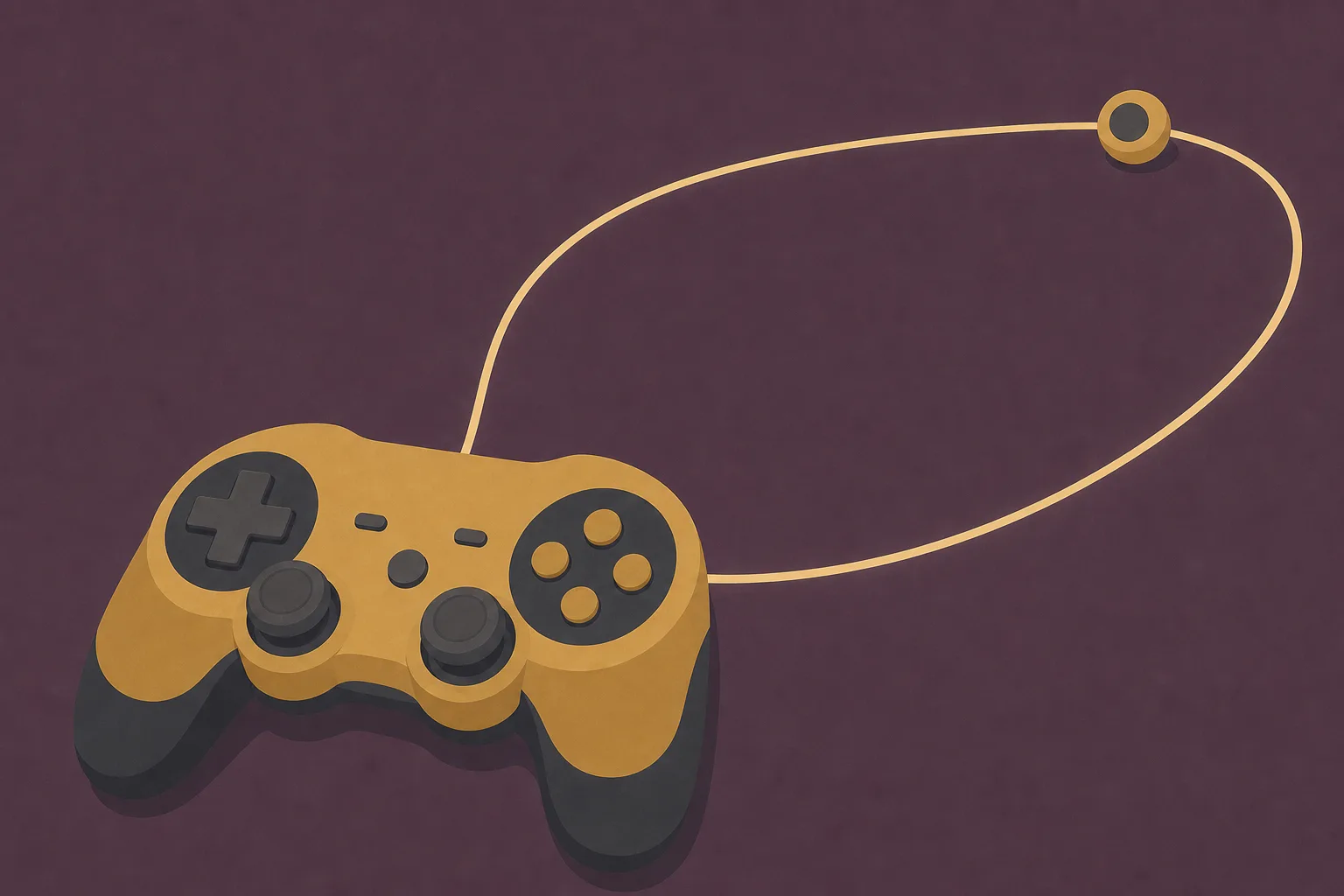 A game controller seen from above with a thin ribbon of light looping out to a distant point and back to it.