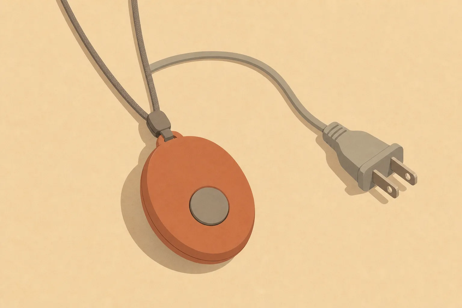 A personal alarm pendant on a neck cord resting on a bare surface, with a slim cable behind it running to a loose unplugged mains plug.