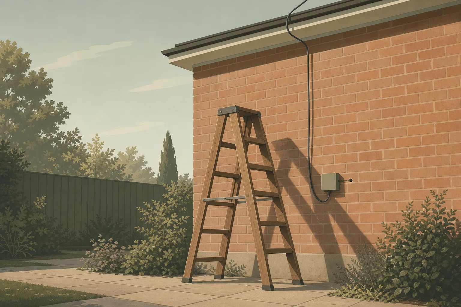 A wooden stepladder open against a brick house wall, with a slim cable running from a small wall box up over the eaves.