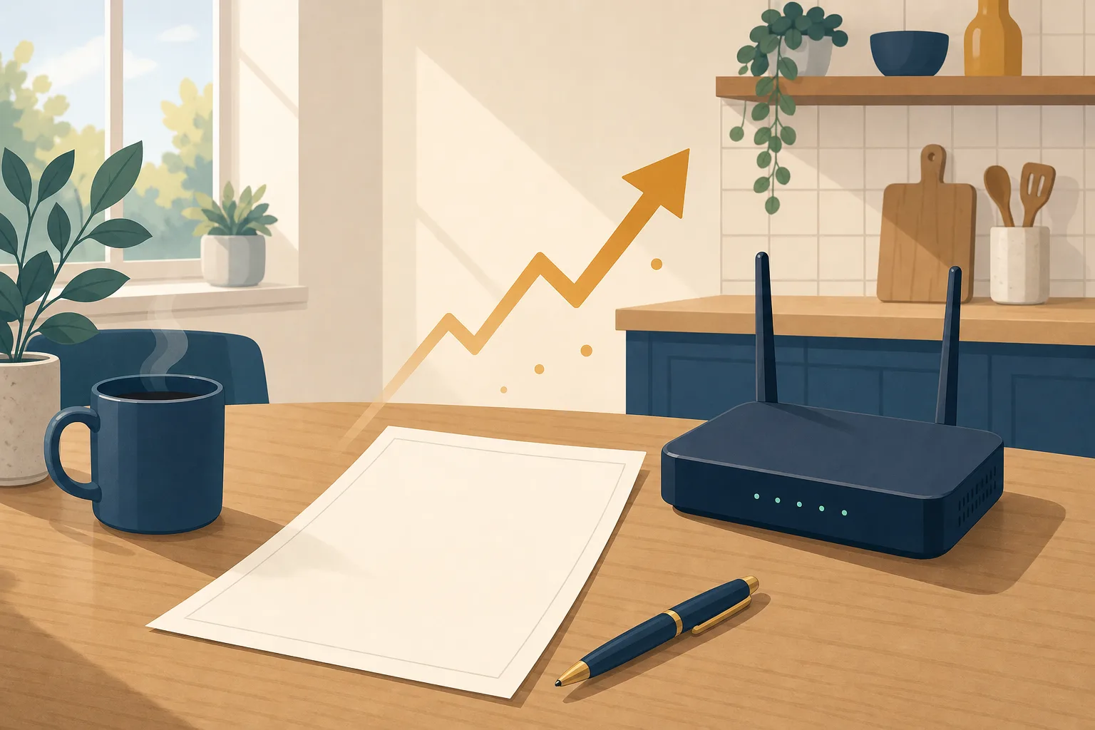 A paper bill on a kitchen table with a rising arrow above it and a router alongside.