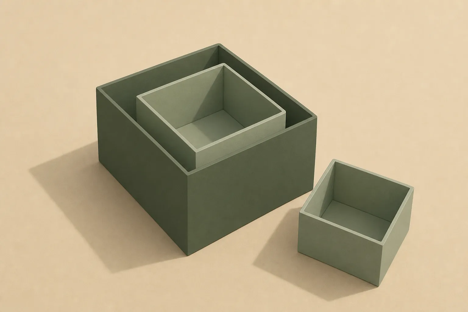 Three plain nesting storage boxes with their lids off, the smallest tilted on the surface beside a medium box that stands inside the largest one.