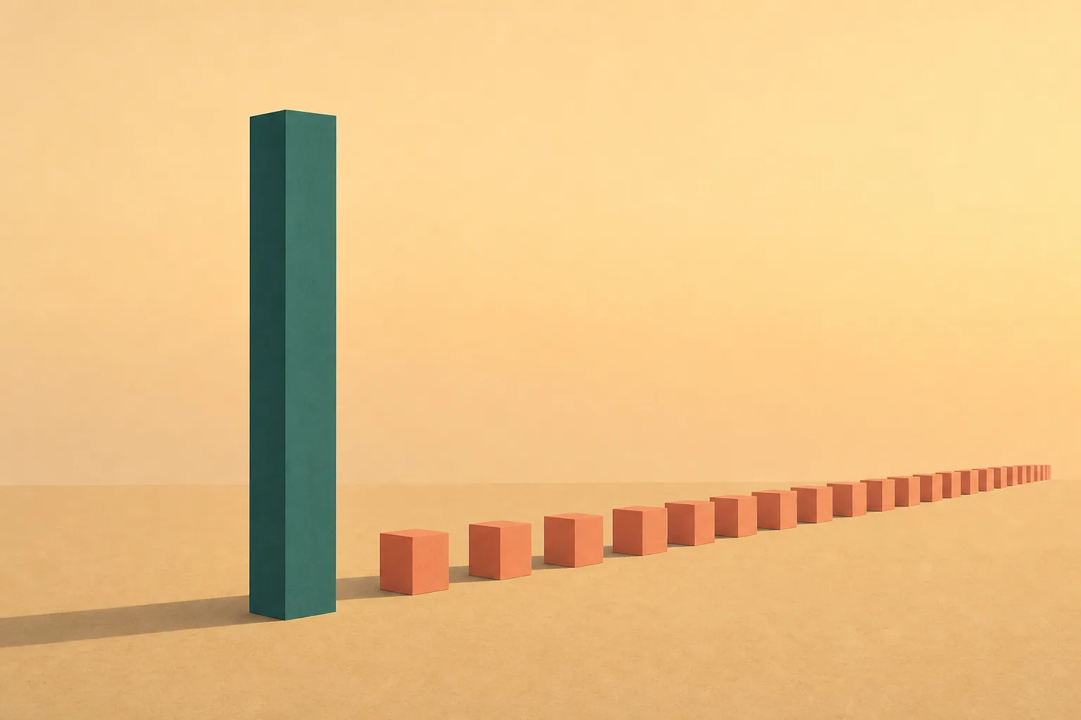 One tall sea-green upright block standing at the near end of a long receding row of much shorter coral blocks on a warm sand surface in low evening light.