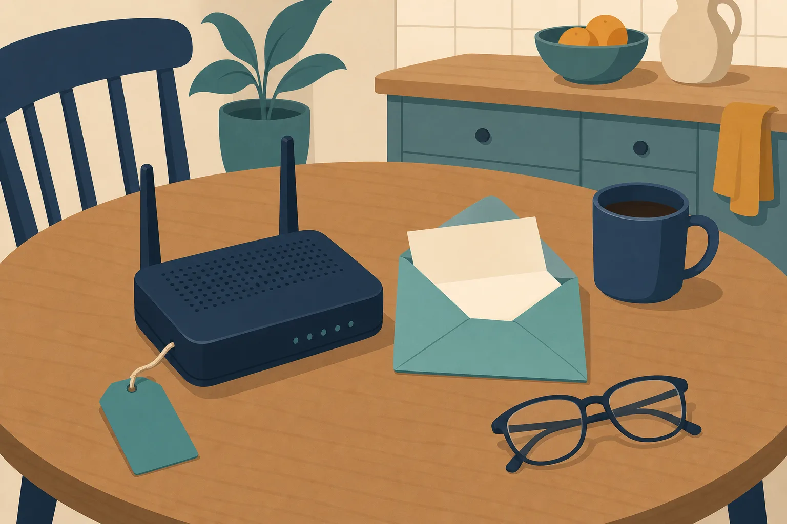 A router on a kitchen table beside an opened envelope and a mug, with a blank price tag hanging from the router.