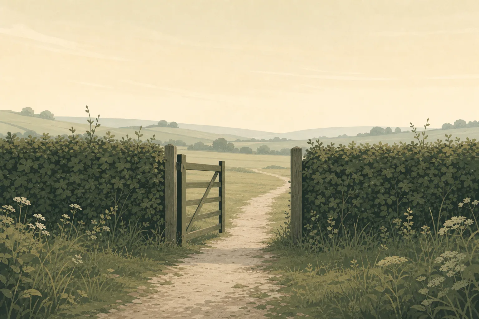 A low hedge crossing open countryside with one plain wooden gate standing wide open in it, a narrow path running through the gap to open ground beyond.