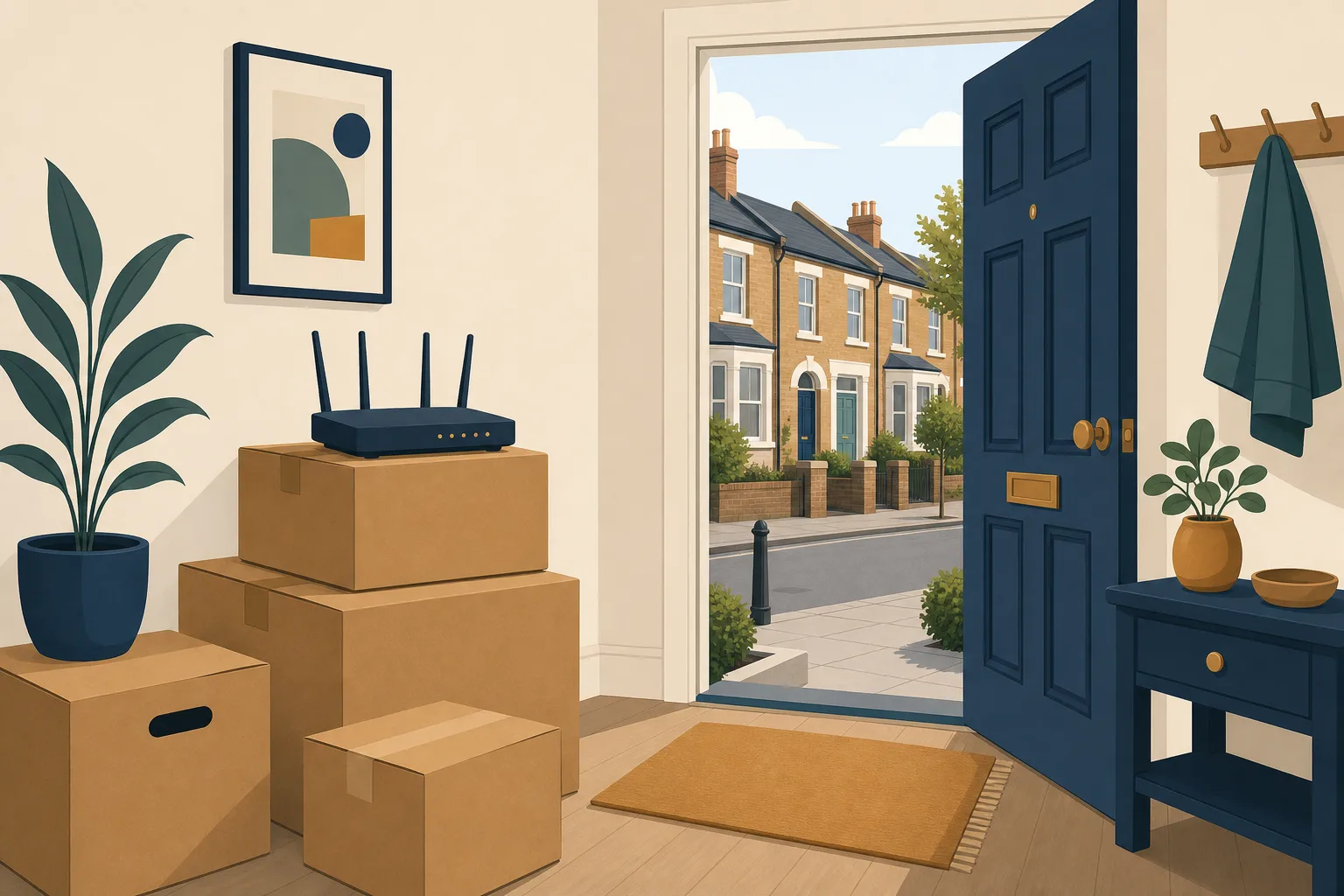 Moving boxes stacked in a hallway with a router on top and the front door open to the street.