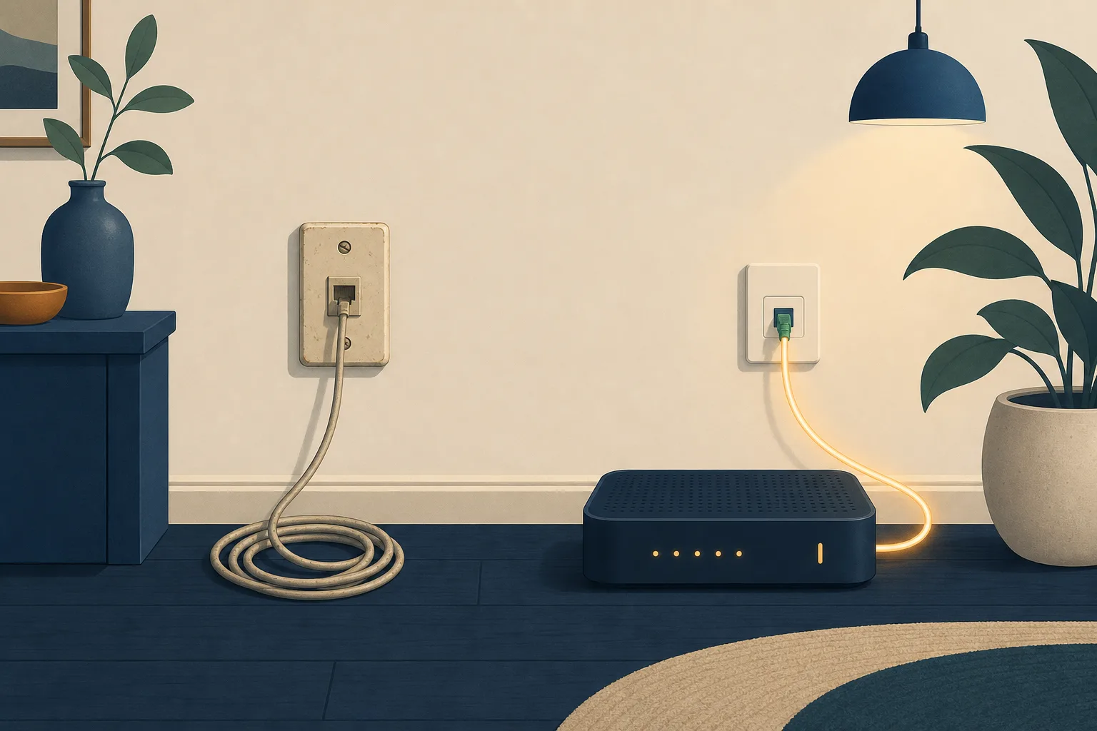 An old telephone socket with its cable coiled on the floor beside a router with a glowing fibre line.