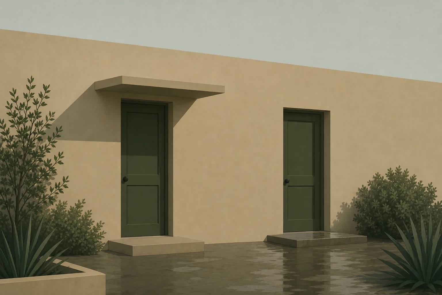 Two identical plain doors set into one long wall, the left one sheltered by a small flat canopy and the right one open to the sky above a bare step.