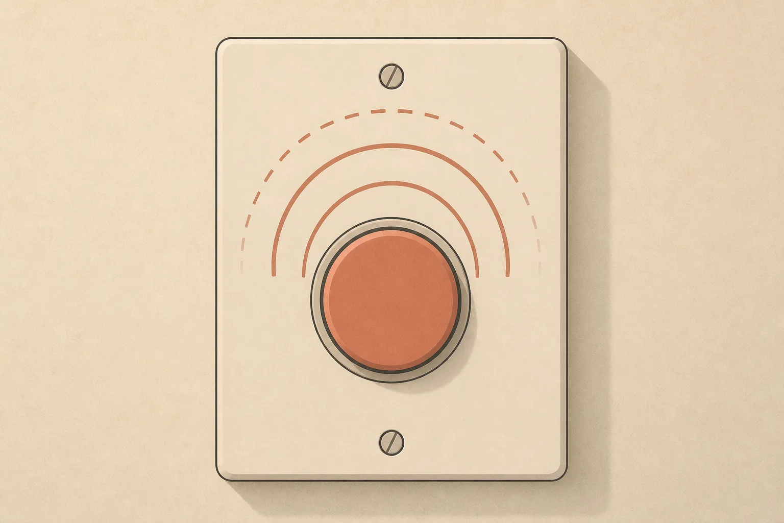 A close-up of a single large round press button on a plain wall plate, with three arcs spreading out from it and the outermost one broken into dashes that fade before the curve closes.