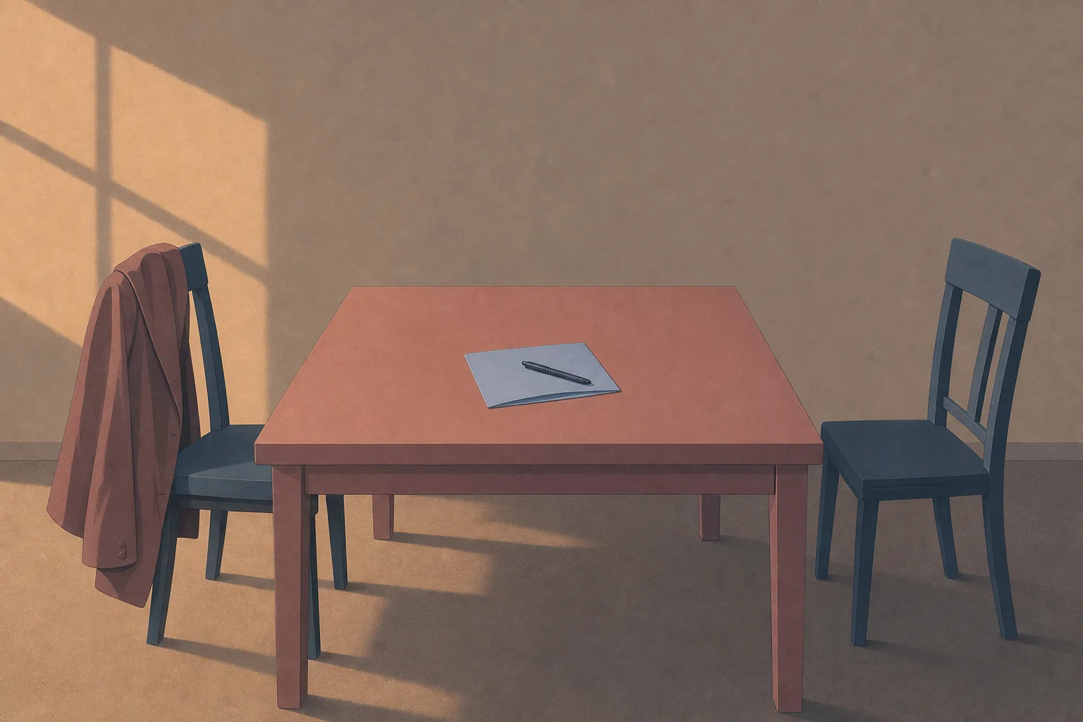 A plain table with a chair at either end, one with a coat draped over its back and the other empty and pushed away, and a blank folded sheet of paper with a pen lying midway between the two places.