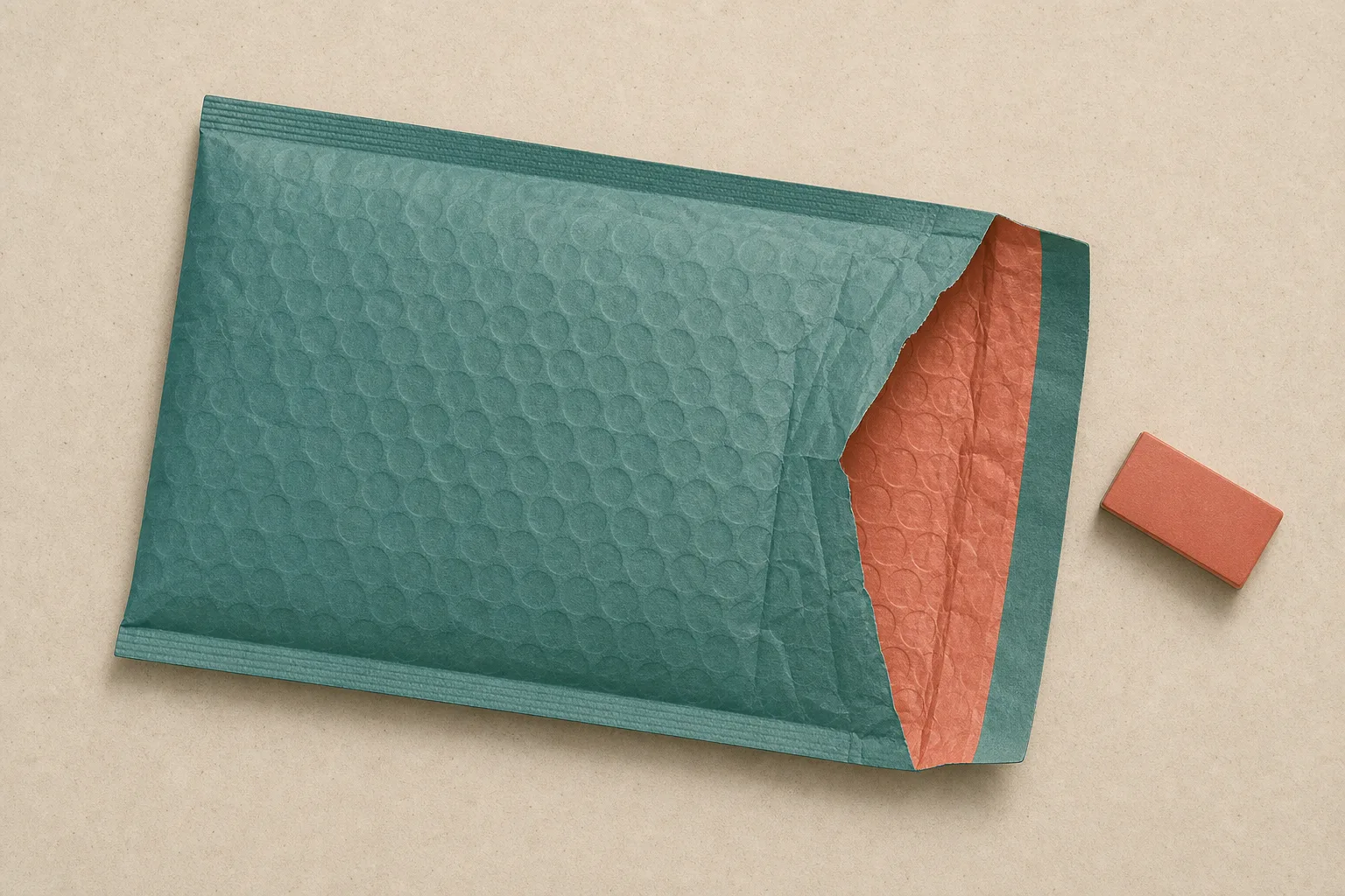 A plain padded postal envelope lying open and empty on a pale sand surface, with one small rectangular object resting just outside its opening.