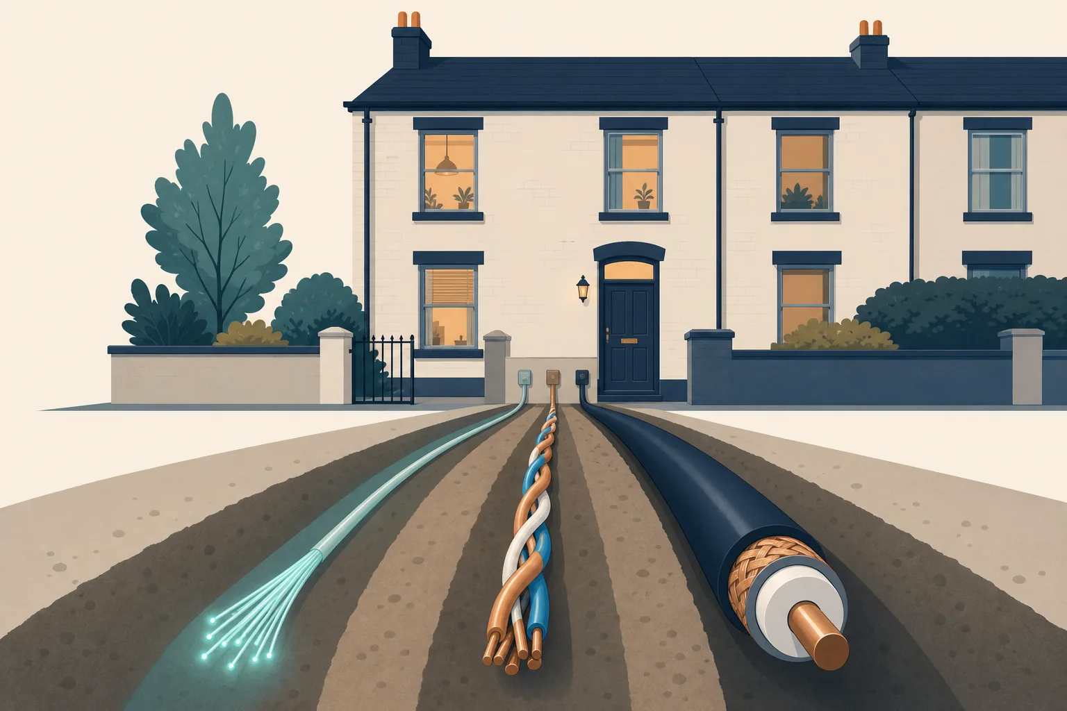 A fibre strand, a copper pair and a coaxial cable running side by side toward a house.