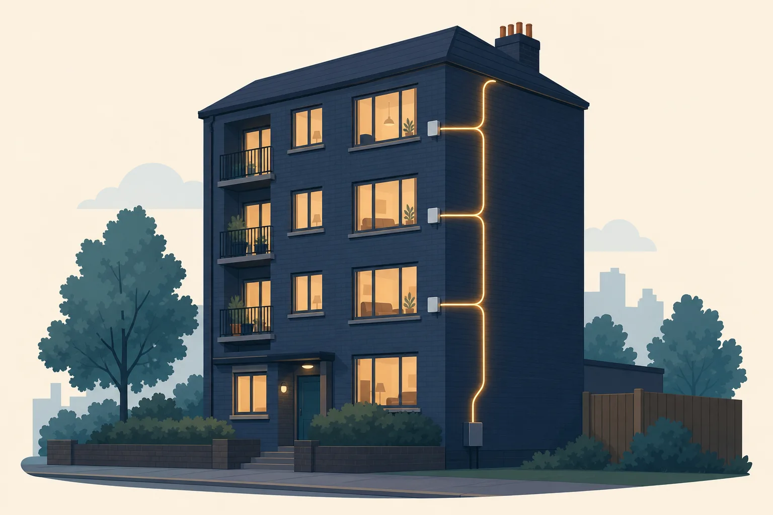A block of flats with a fibre line climbing the outside wall and branching into each floor.