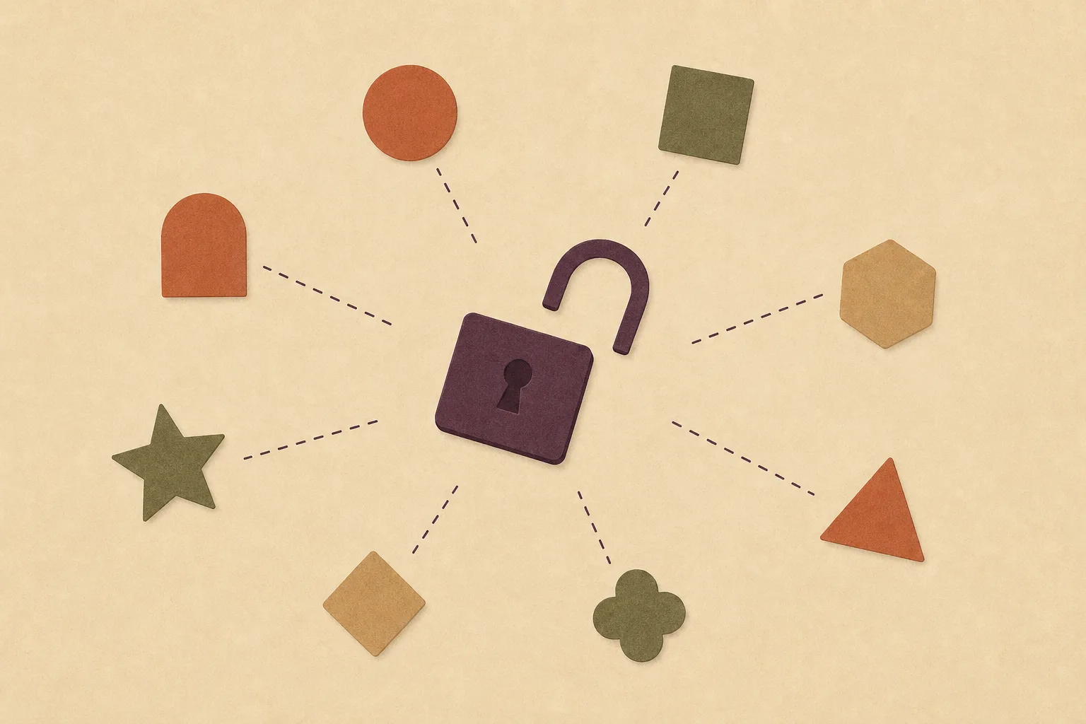 An open padlock lying flat with small plain shapes scattered loosely around it, each joined towards it by a thin broken line that stops short.