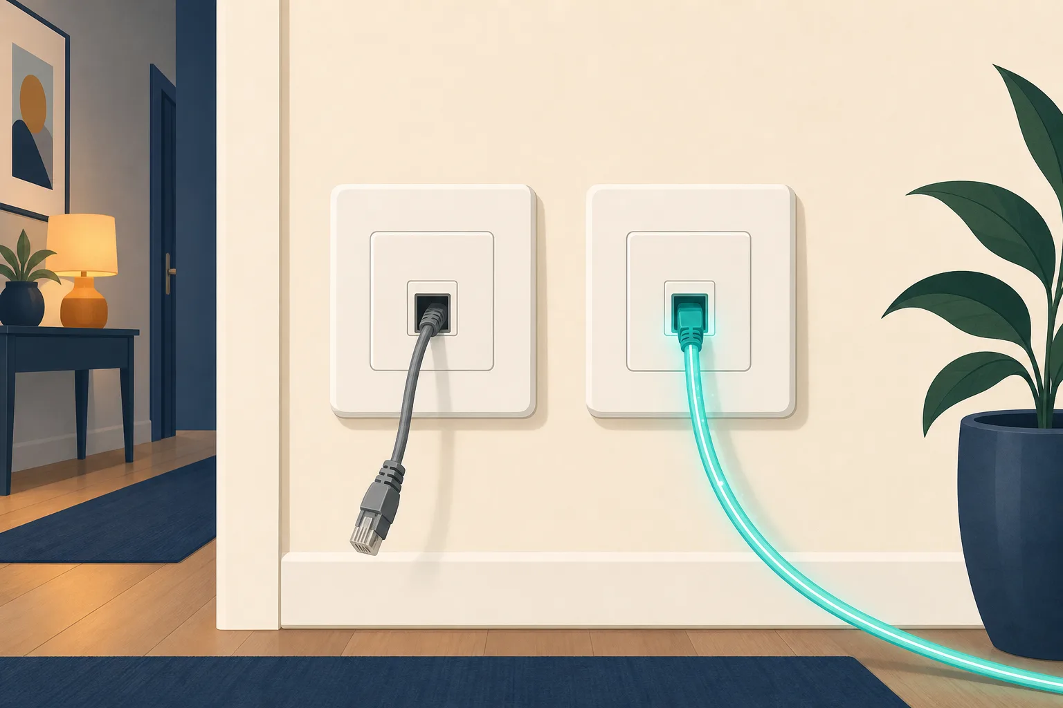Two wall sockets side by side, an old grey cable unplugged and a new teal fibre cable connected.