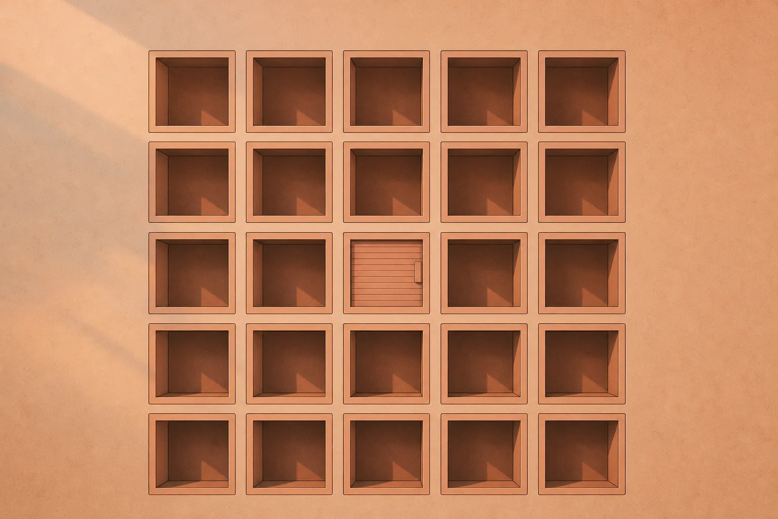A flat straight-on grid of small square post slots in a plain wall panel, all of them open and empty except one near the middle closed off by a sliding shutter.