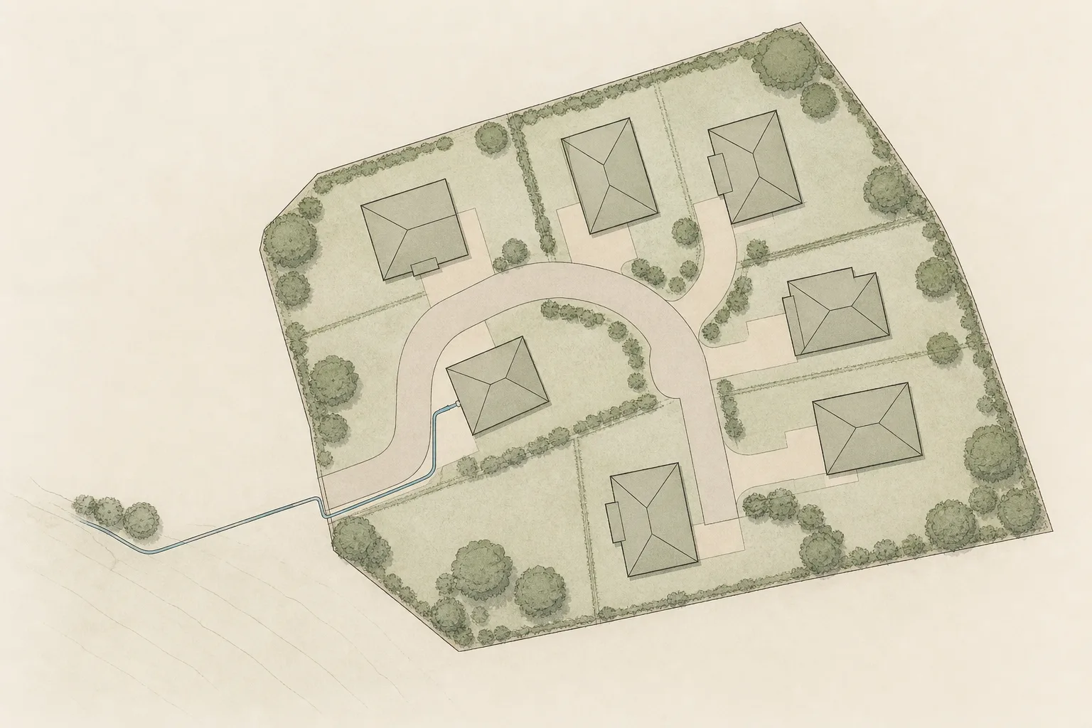 An overhead plan of a small new housing estate, with a single line reaching in from the boundary to just one of the plots.