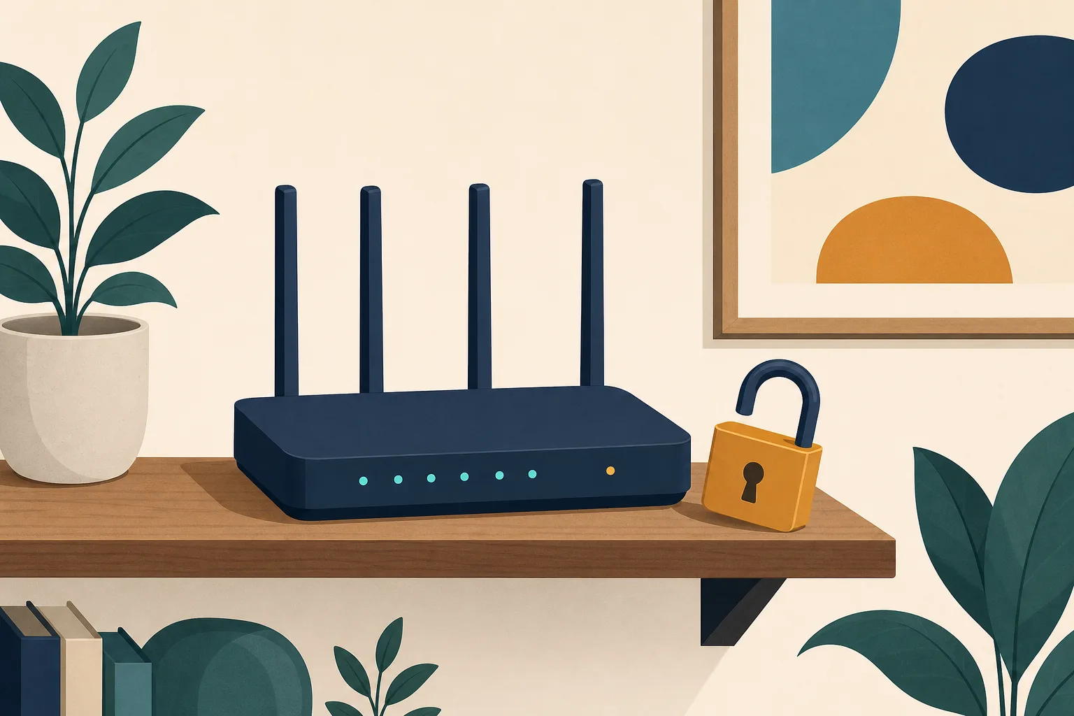 A router on a shelf with an open padlock resting beside it.