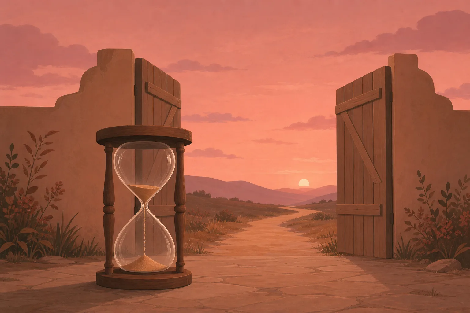 An hourglass with the last of its sand running through, standing in front of an open gate onto an empty path.