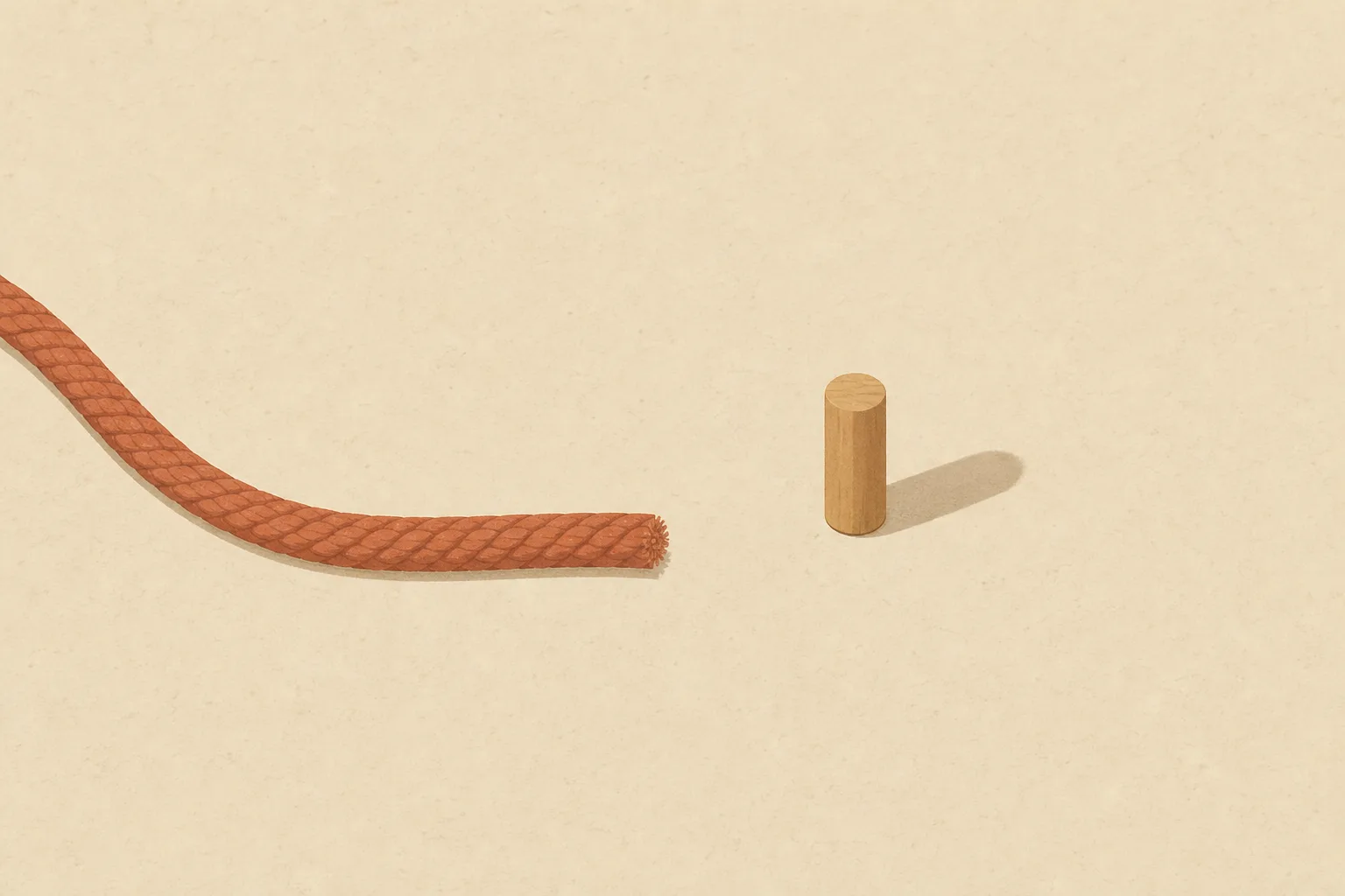 A single thick cord lying across a bare surface, its cut end stopping short in open space a little way before one small wooden marker peg.