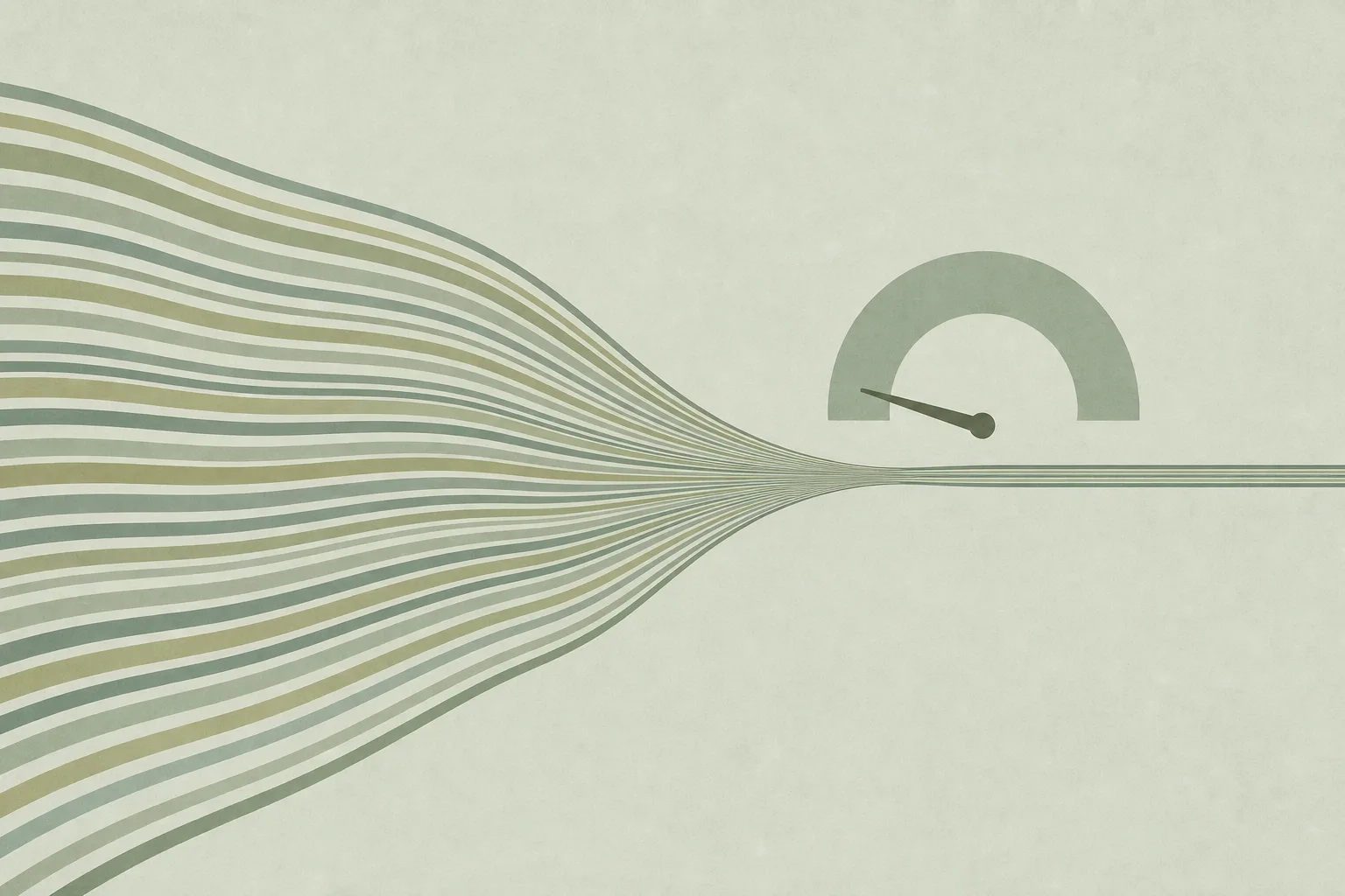 A wide band of flowing lines narrowing sharply to a thin trickle, beside a plain gauge with its needle resting low.