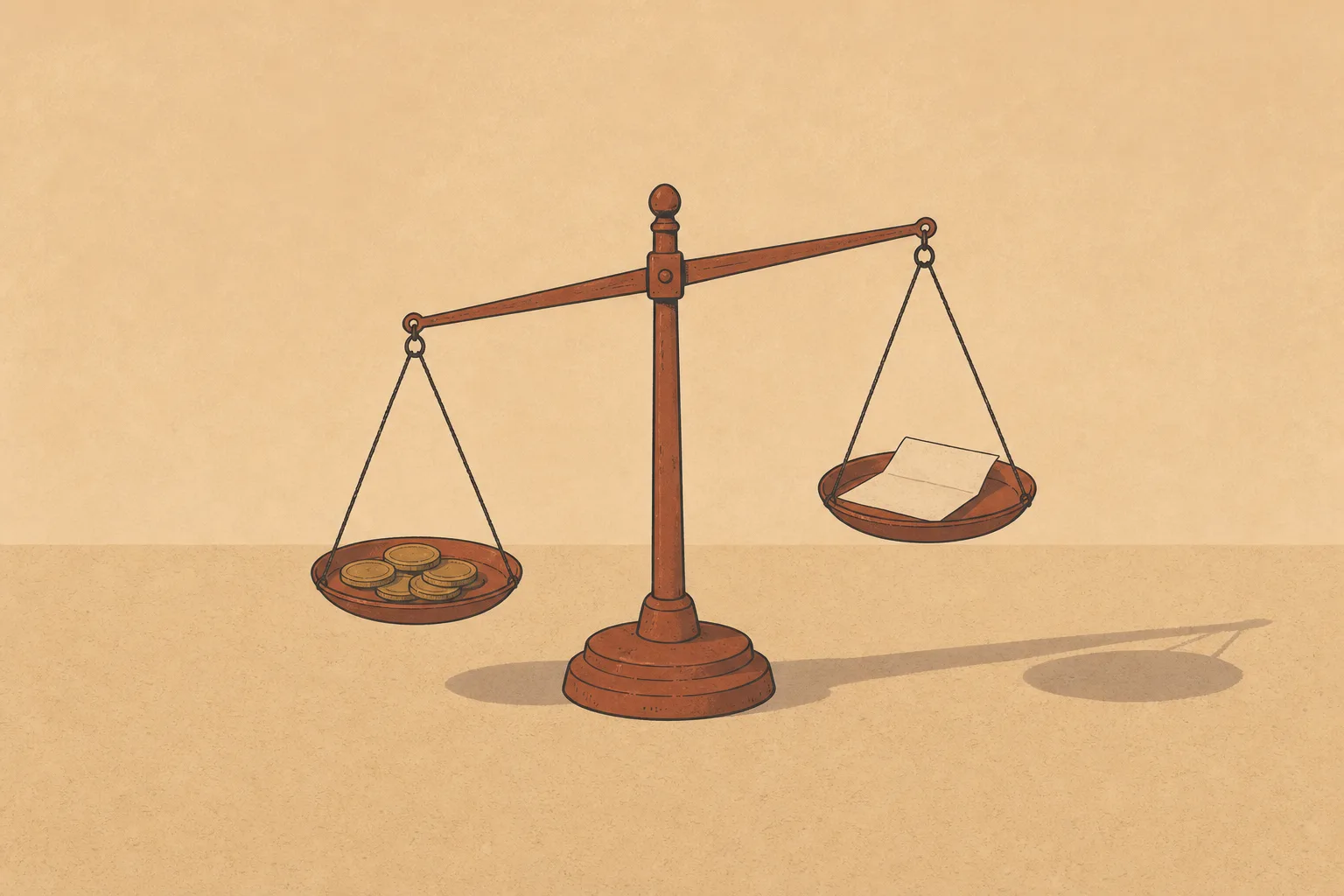 A pair of simple balance scales tipped slightly out of level, one pan holding a small stack of coins and the other a single folded sheet of paper.