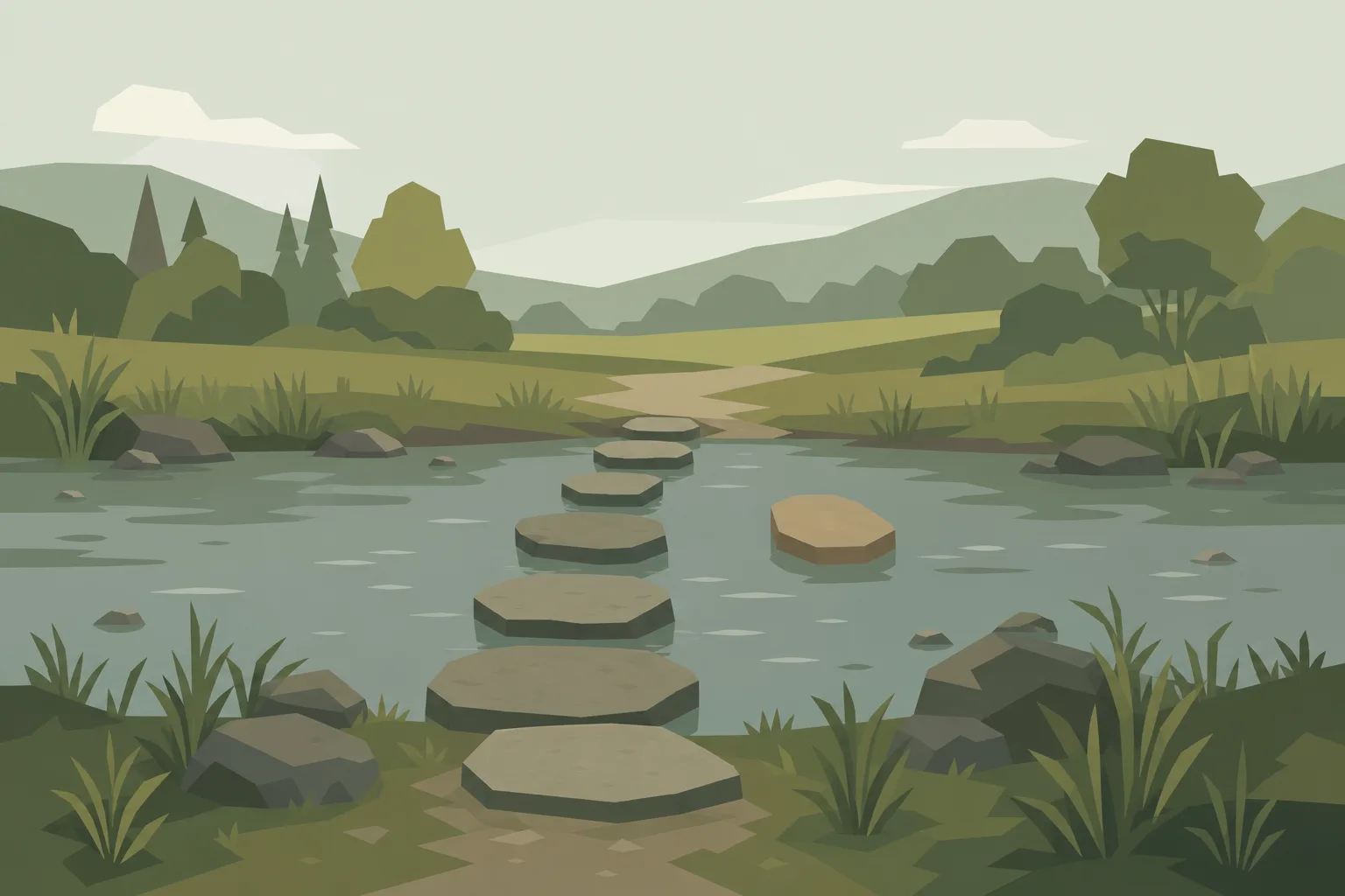 A line of flat stepping stones crossing a still stream towards a path on the far bank, with a gap where one stone is missing and a separate sand-coloured stone sitting off to one side of the line.