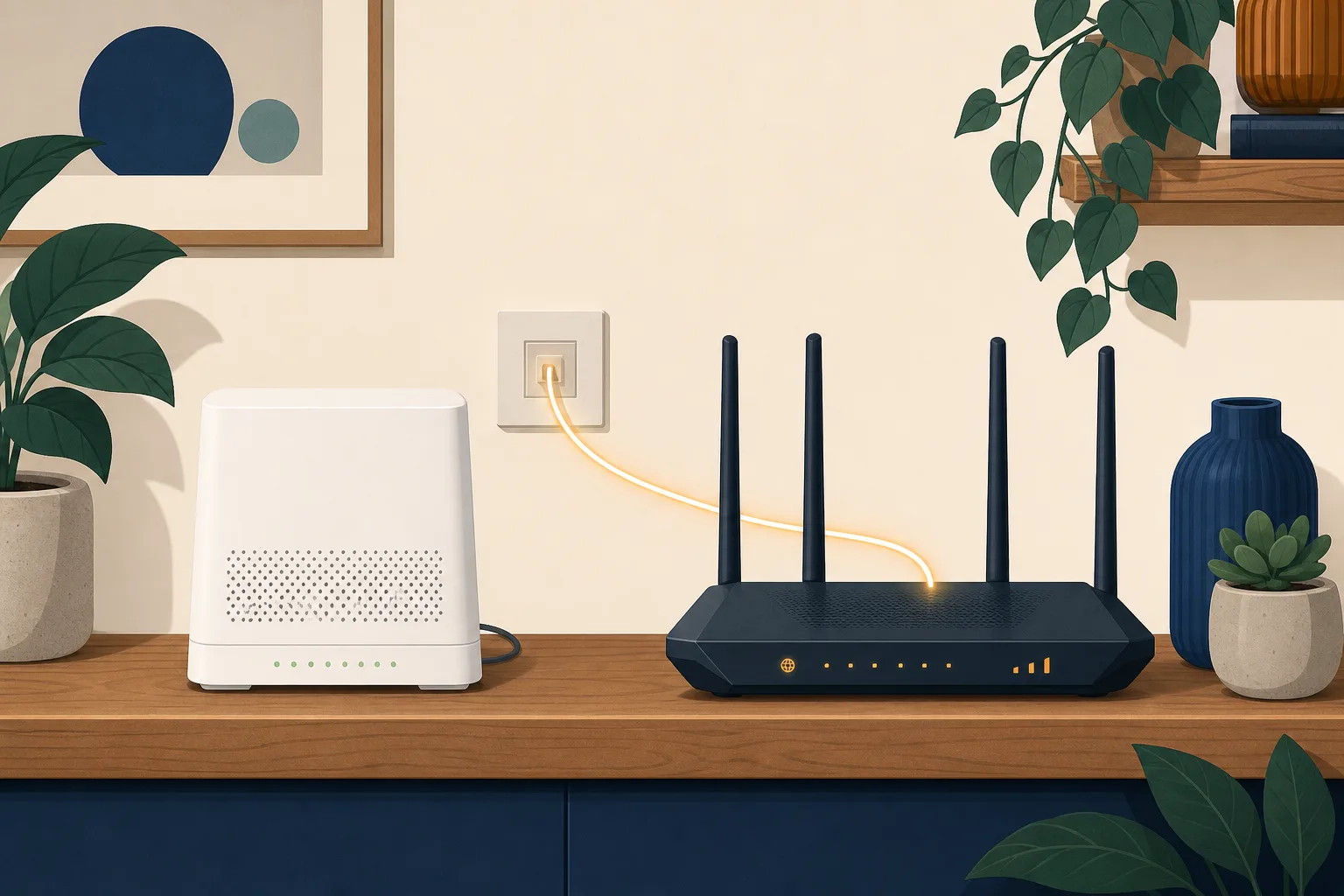 Two routers on a shelf, a plain provider box and a third-party unit with antennas connected to the fibre line.