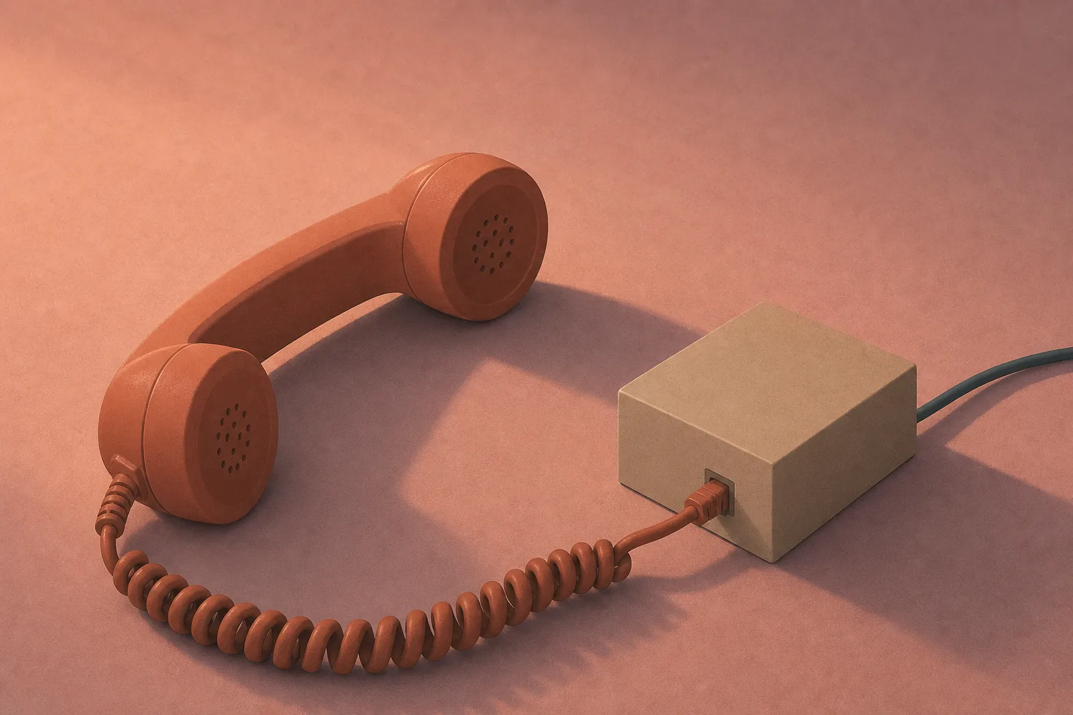 A plain corded telephone handset lying on its side with its curled cord running into a small featureless box beside it, one slim lead leaving the box.