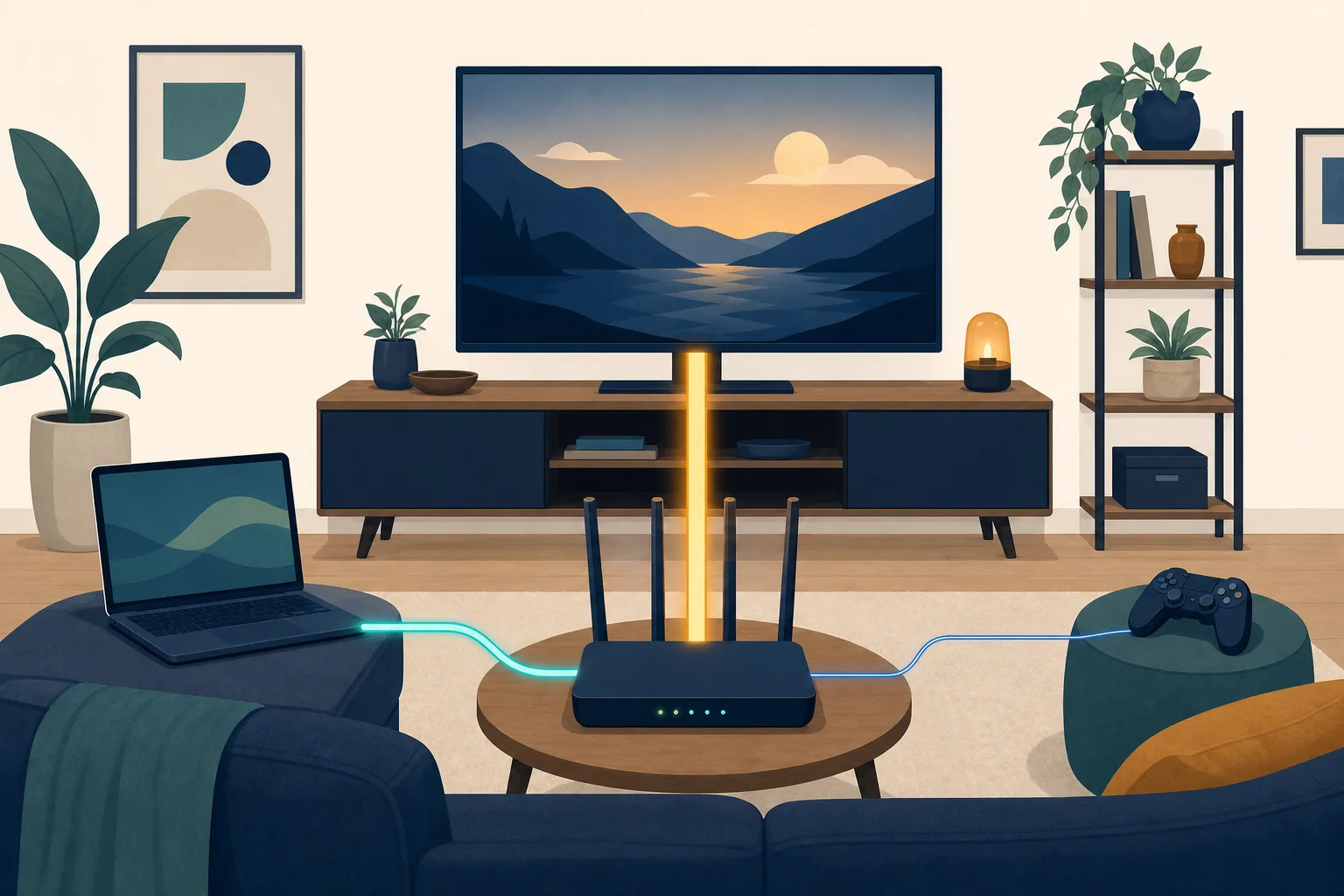 A television, laptop and game controller connected to a router by lines of different thickness.