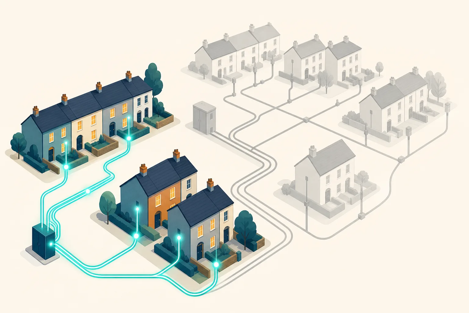 A small network of teal fibre lines linking terraced houses beside a larger faded grey network.