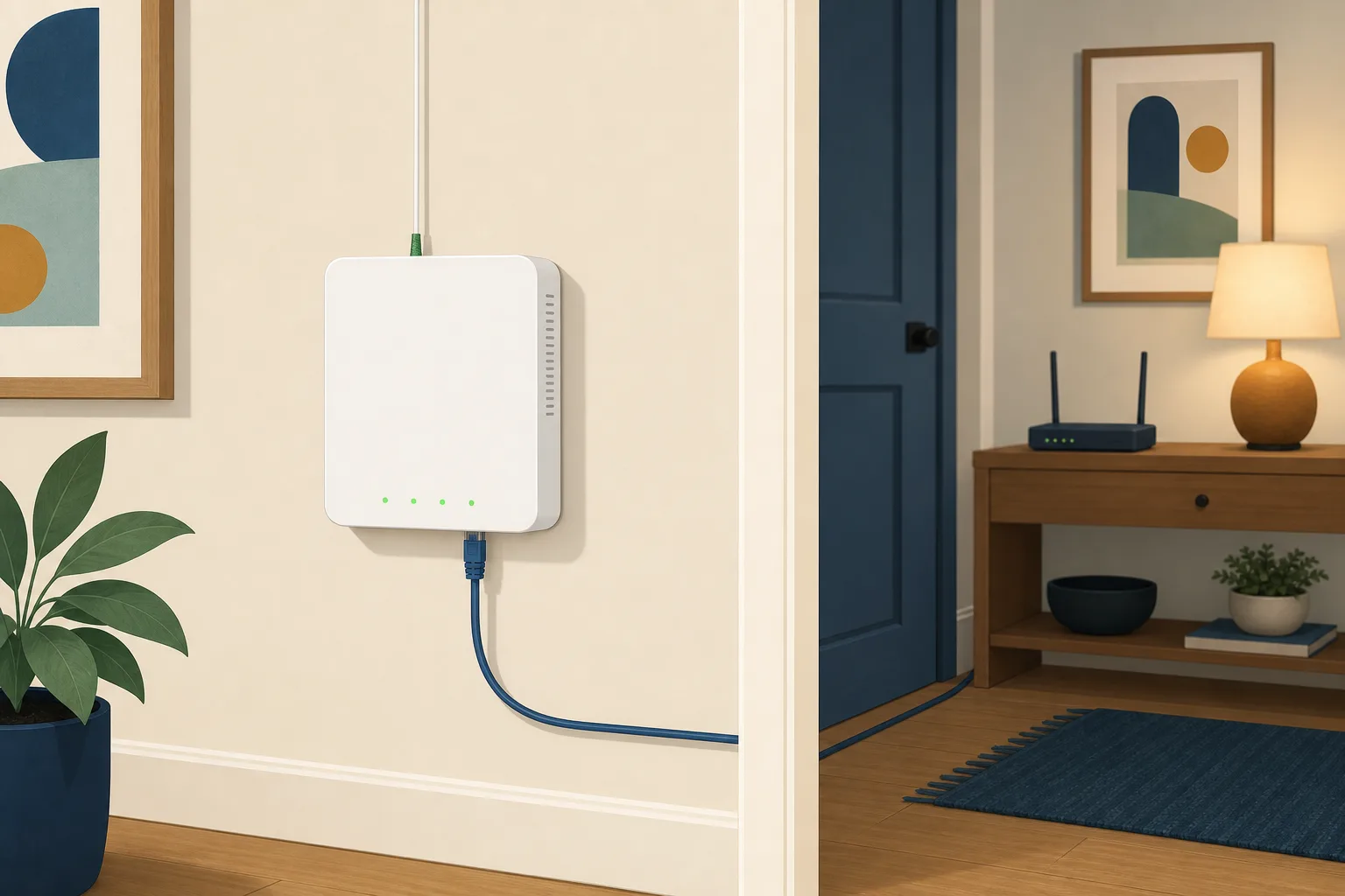 A small white optical network box on a hallway wall with a fibre cable in, an ethernet cable out and green lights.
