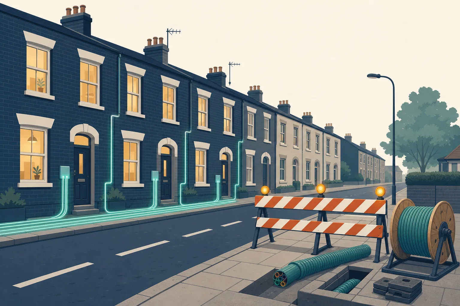 Fibre lines running along half a terraced street and stopping at a striped roadworks barrier.