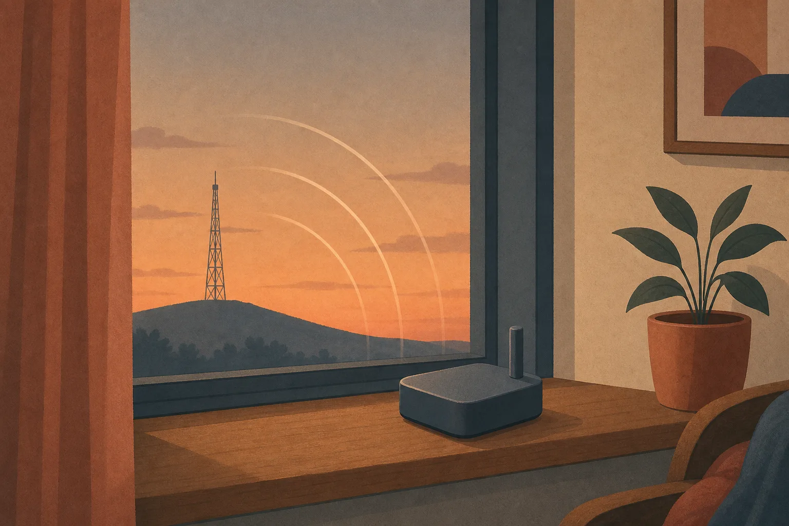 A small portable wireless device on a wooden windowsill at dusk, with faint signal arcs reaching it from a distant mast on a low hill outside.
