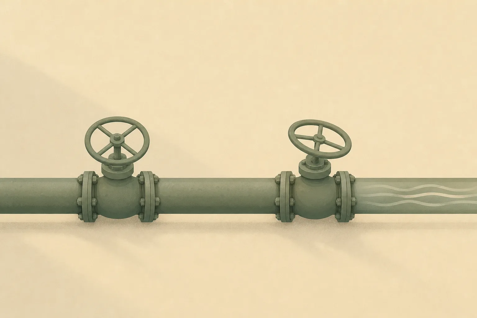 A long horizontal pipe seen side on with two round valve wheels set along it, the left one shut tight and still and the right one turned part open, with a faint flow continuing along the pipe past it.