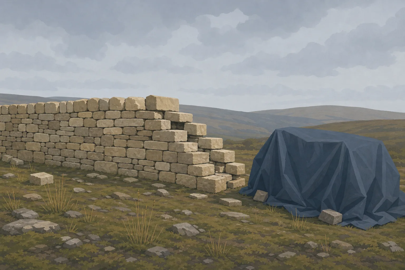 A half-built dry stone wall in warm sandstone crossing open ground, its far end stopping short of an unfinished gap, with a fresh delivery of building stone stacked beside it under a plain draped canvas sheet that hides how much is there.