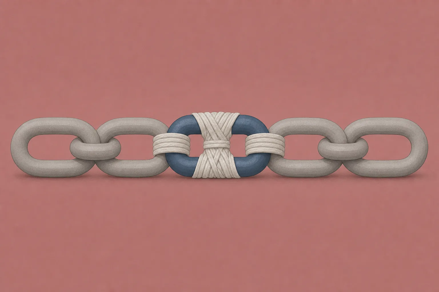 A close-up of a short length of chain with five oval links lying flat on a dusty rose background, the middle link in deeper slate blue and neatly bound with a pale chalky wrapping so it sits thicker than the rest.