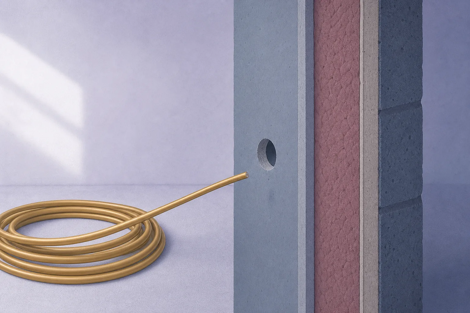 A close-up cross-section of a thick interior wall in slate blue and dusty rose, with a small circular hole started but stopping part way through, and a coiled gold cable resting on the near side with its end just short of the opening.