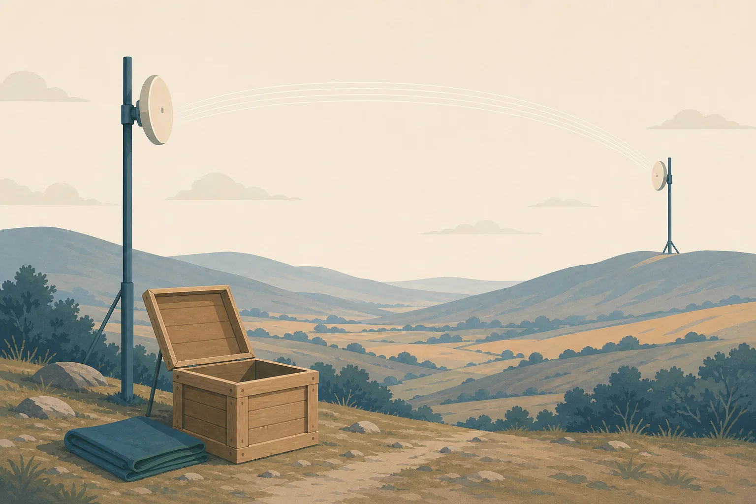 A mid-distance view across a shallow valley in muted petrol blue and soft apricot, with a small wireless dish on a slim pole on each side and a thin pale arc drawn through the air between them, and an open wooden supply crate standing empty in the foreground.