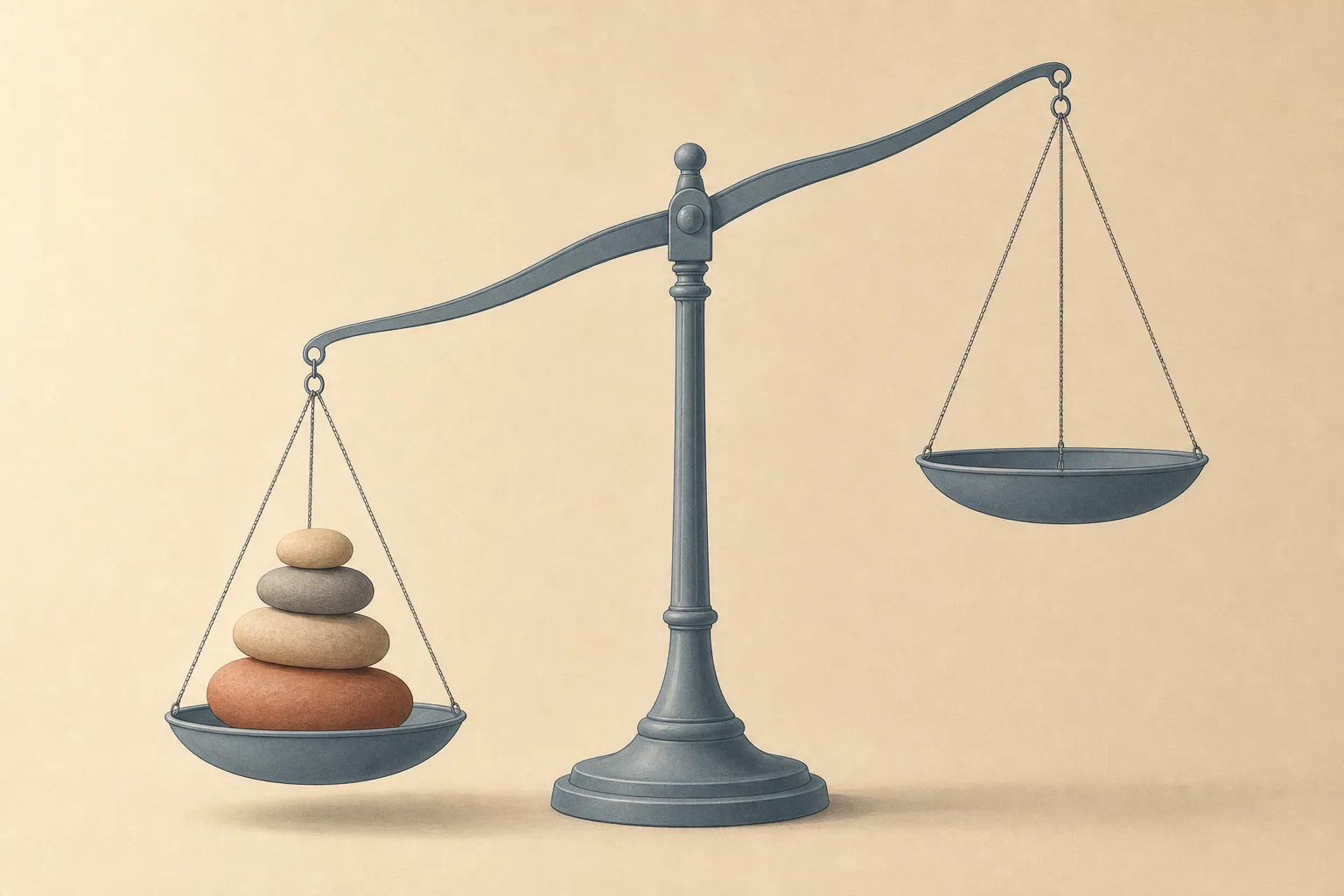 A pair of balance scales in close-up, the left pan hanging low under a stack of smooth stones and the right pan swung high and empty.