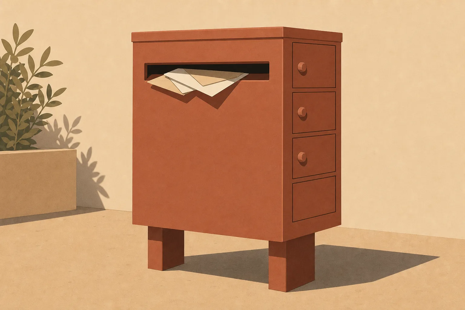 A communal letterbox unit on plain sand-coloured ground in terracotta and warm sand, with one wide shared posting slot across the front holding a few half-inserted envelopes, and four small compartment doors along its side, the fourth of which has no handle at all.