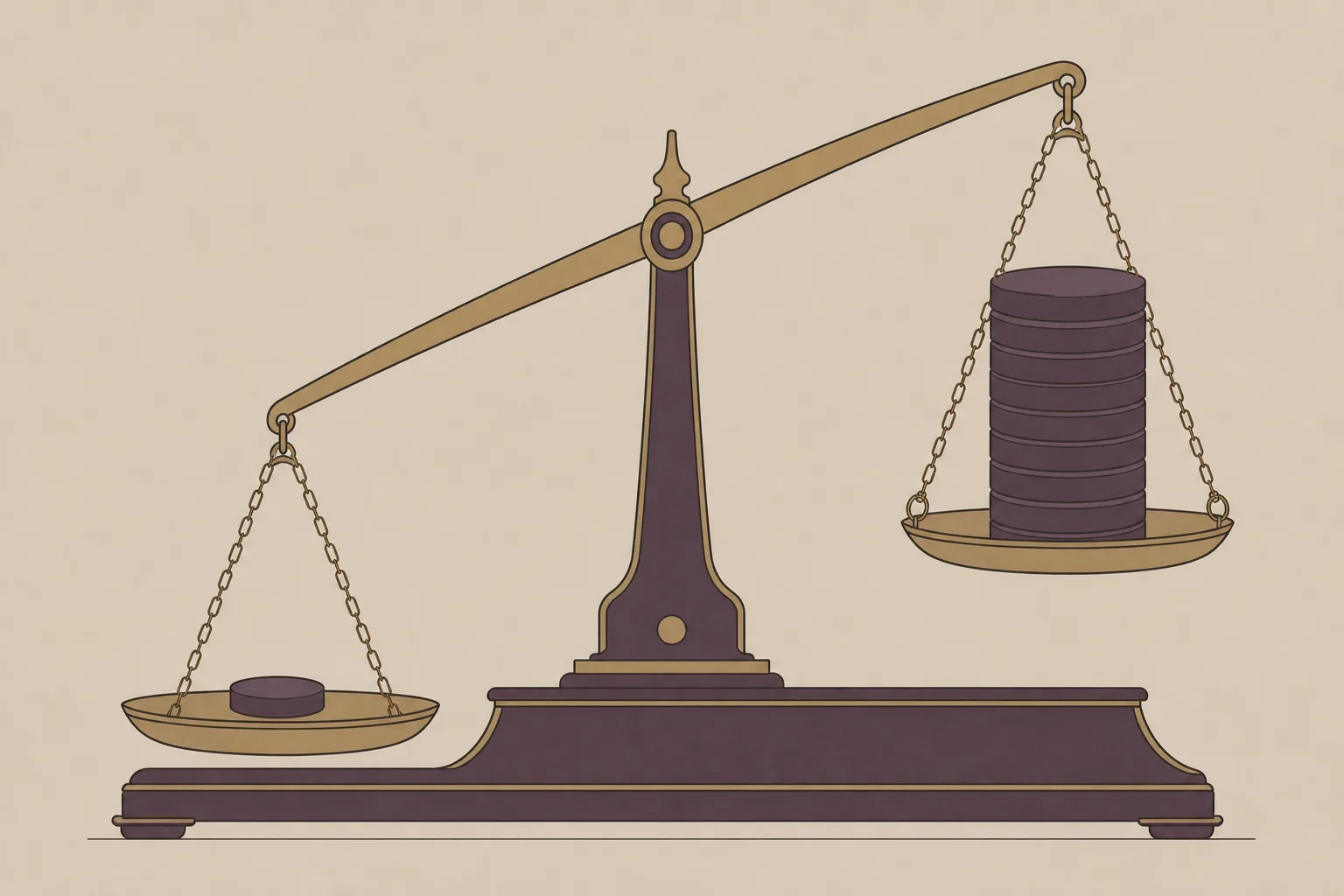 A close-up of an old-fashioned two-pan balance scale in deep plum, antique gold and warm grey on pale putty, with a single small disc in the left pan hanging low and a tall stack of larger discs in the right pan riding high.