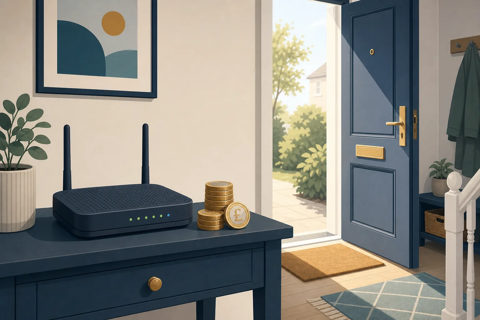 A broadband router on a hallway table beside a stack of pound coins and an open front door.